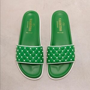 Valentino Free Rockstud Spike Slides Green Leather